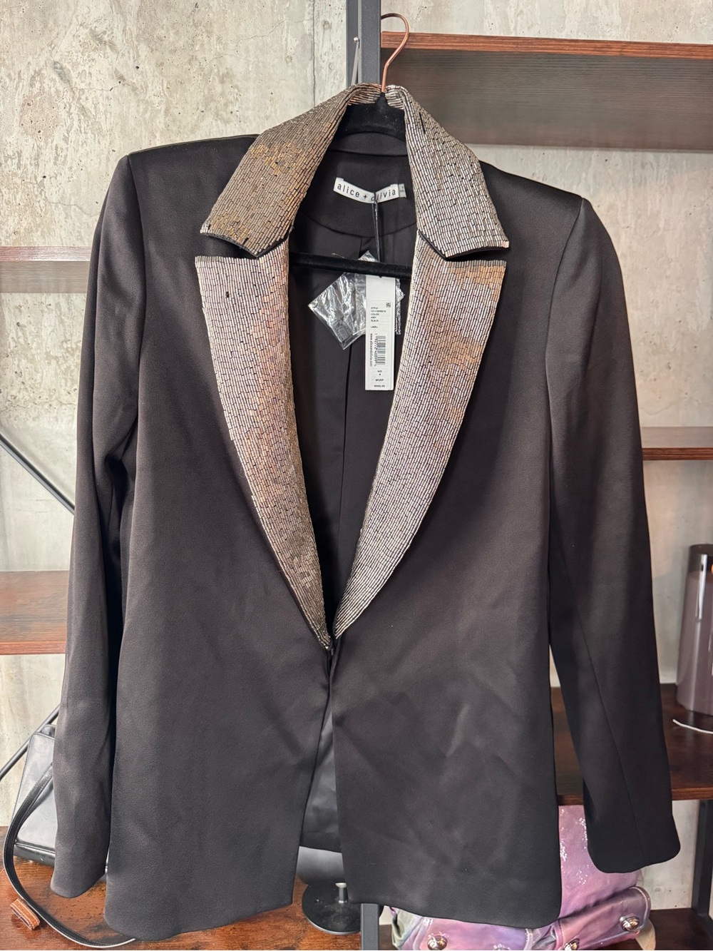 Alice + Olivia Black Blazer & Metallic Silver Bead Collar SZ 4 - NWT - MSRP $695